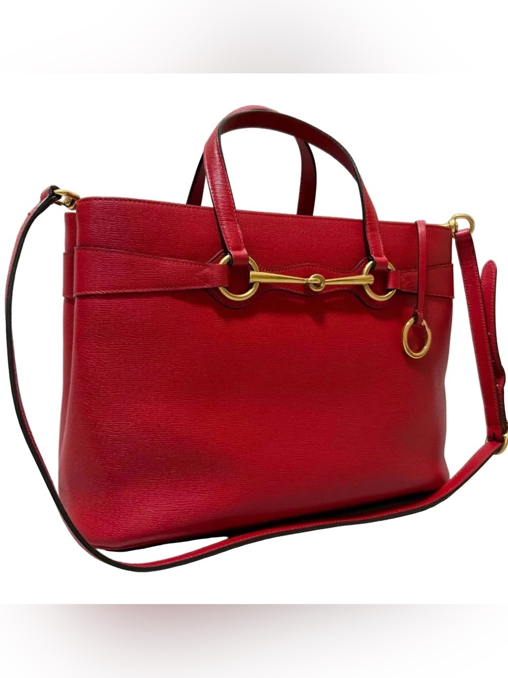 Gucci Horsebit Red Leather Tote Handbag with Gold Hardware